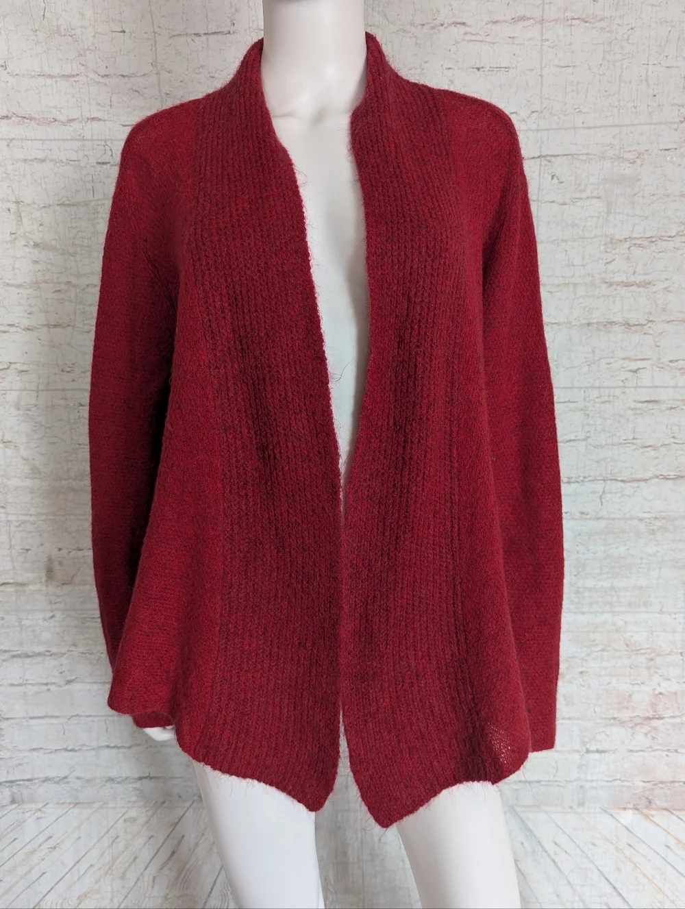 Eileen Fisher Open-Front Red Knit Cardigan